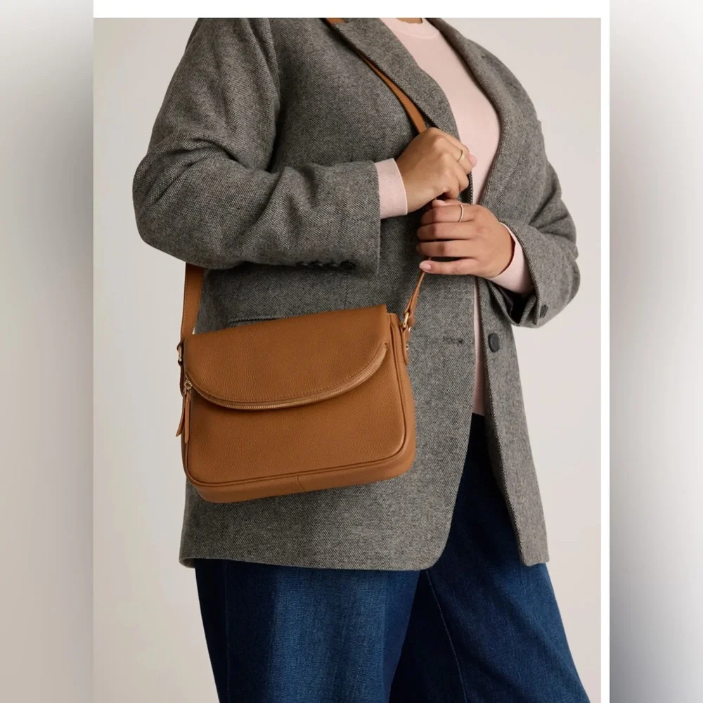 New Quince Italian Leather Foldover Crossbody in Cognac - Picture 6 of 15